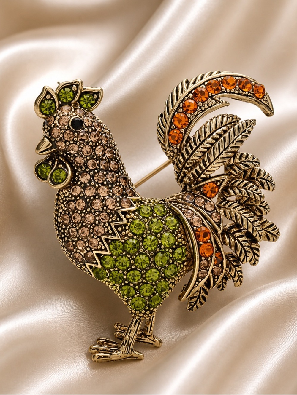 Hazel Rooster Green Crystal Brooch